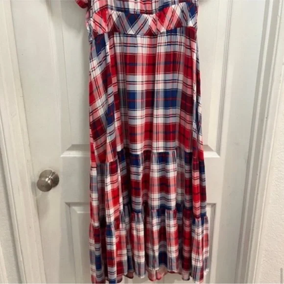 Torrid Puff Sleeve Tiered Midi Dress - Challis Plaid Red & Blue Sz14-16 (1X) EUC - Picture 11 of 14